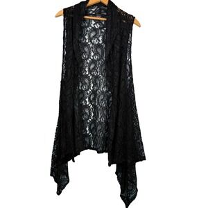 Black Paisley Floral Lace Draped Open Front Sharkbite Hem Sleeveless Witchy Goth